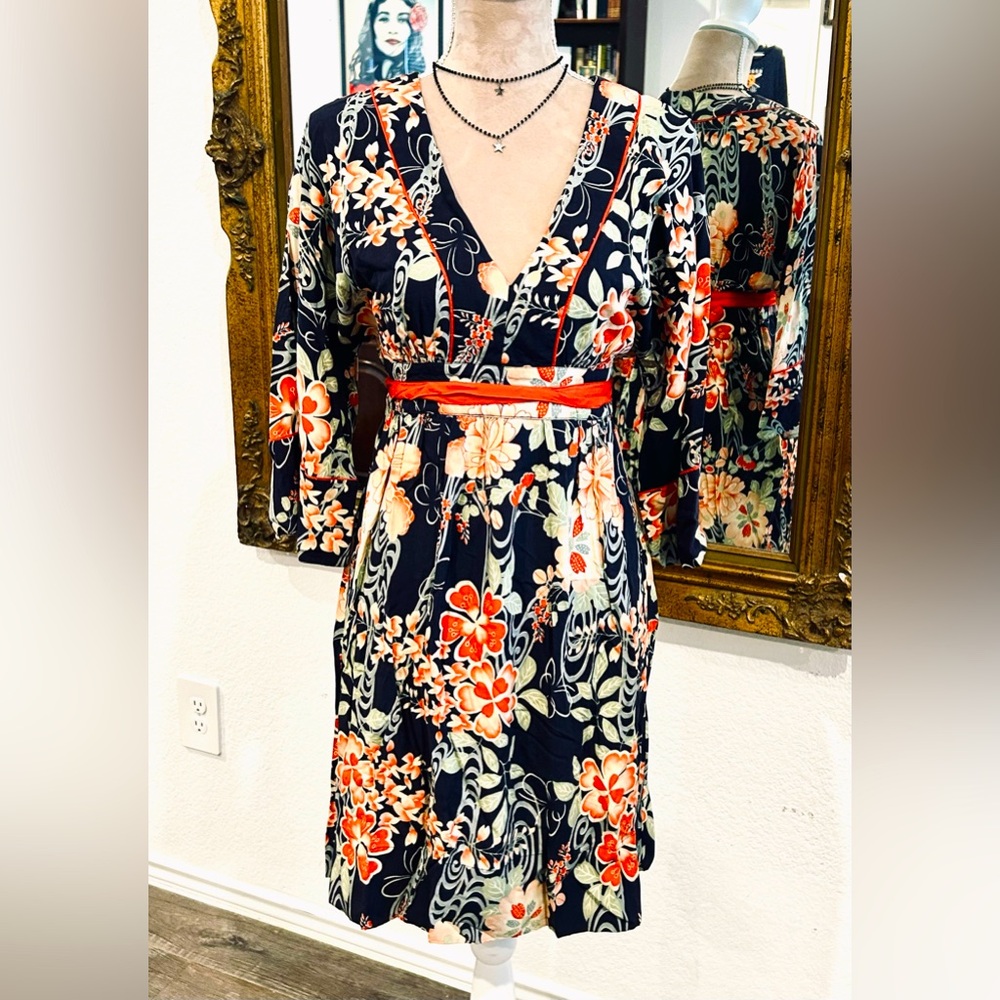 Lucky Brand Baby Doll empire waist kimono style Floral Tropical Mini Dress Sz S